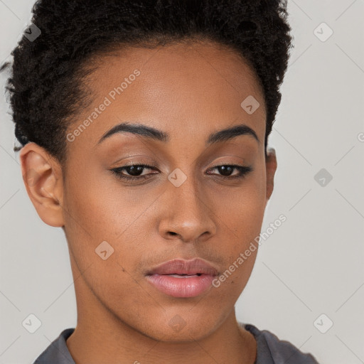 Neutral white young-adult female with short  brown hair and brown eyes