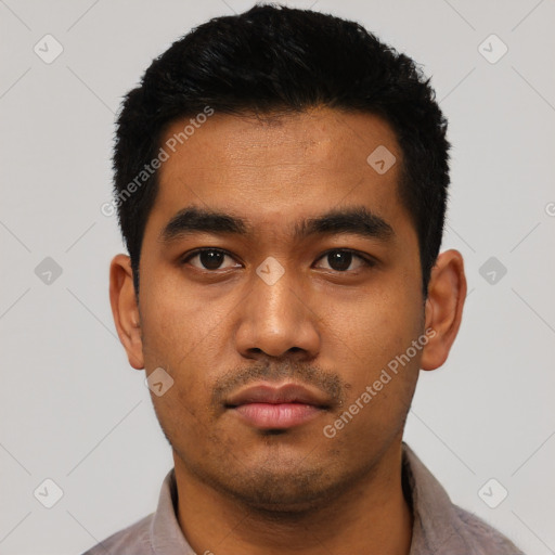 Neutral asian young-adult male with short  black hair and brown eyes