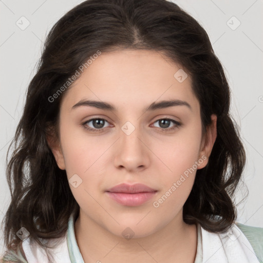 Neutral white young-adult female with medium  brown hair and brown eyes