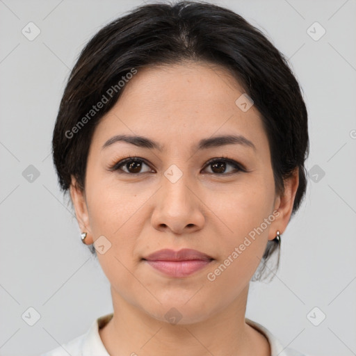 Joyful asian young-adult female with medium  brown hair and brown eyes