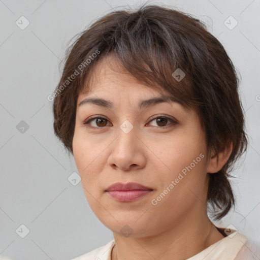 Neutral white young-adult female with medium  brown hair and brown eyes