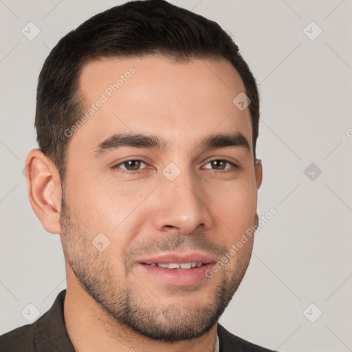 Joyful white young-adult male with short  brown hair and brown eyes