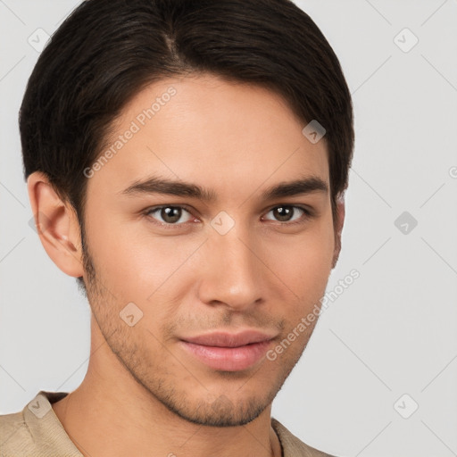 Neutral white young-adult male with short  brown hair and brown eyes