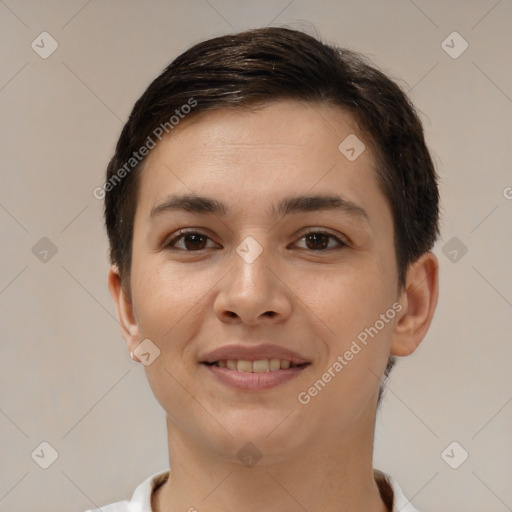 Joyful white young-adult female with short  brown hair and brown eyes