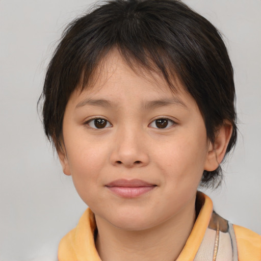 Joyful white child female with medium  brown hair and brown eyes