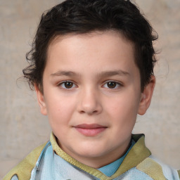 Joyful white child female with short  brown hair and brown eyes