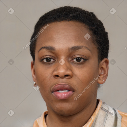 Neutral black young-adult female with short  brown hair and brown eyes