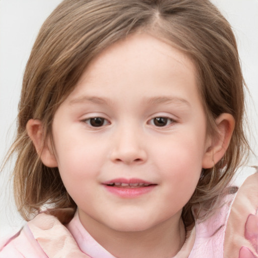 Joyful white child female with medium  brown hair and blue eyes