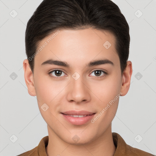 Joyful white young-adult female with short  brown hair and brown eyes