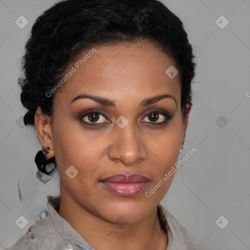 Joyful black young-adult female with short  brown hair and brown eyes