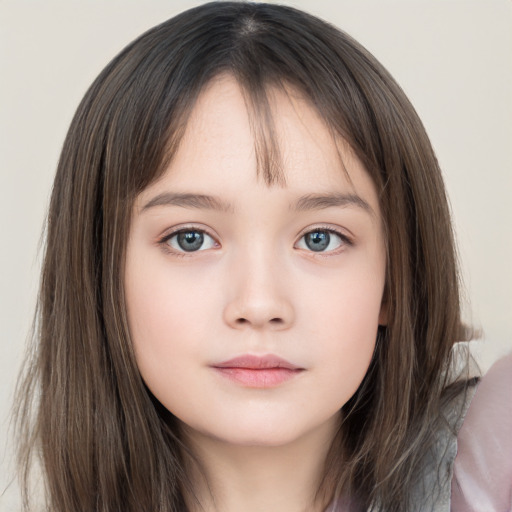 Neutral white child female with long  brown hair and grey eyes