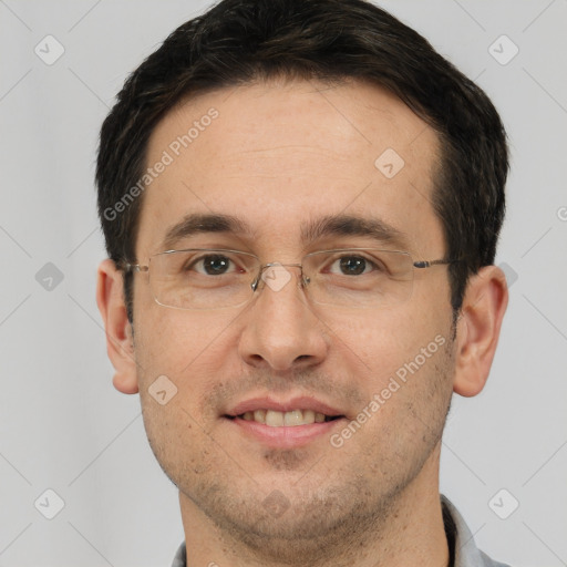 Joyful white adult male with short  brown hair and brown eyes