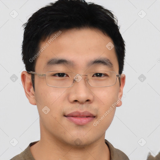 Neutral asian young-adult male with short  brown hair and brown eyes