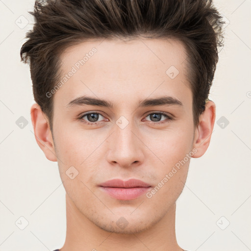 Neutral white young-adult male with short  brown hair and brown eyes