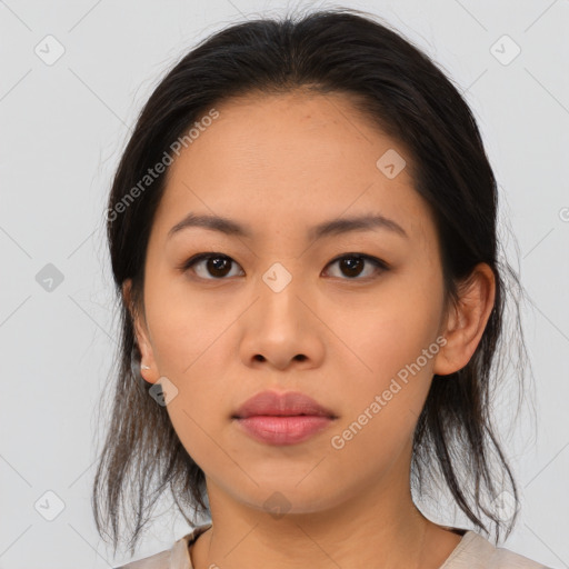 Neutral asian young-adult female with medium  brown hair and brown eyes