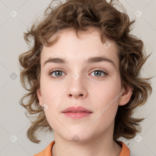 Neutral white young-adult female with medium  brown hair and brown eyes