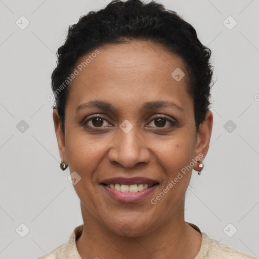 Joyful latino young-adult female with short  brown hair and brown eyes