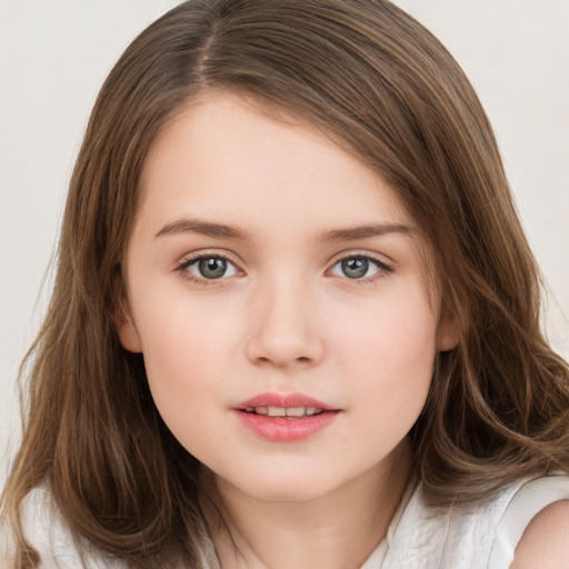 Joyful white child female with medium  brown hair and brown eyes