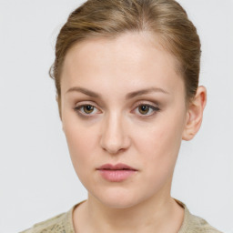 Neutral white young-adult female with short  brown hair and grey eyes