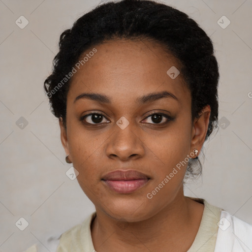 Neutral black young-adult female with short  black hair and brown eyes