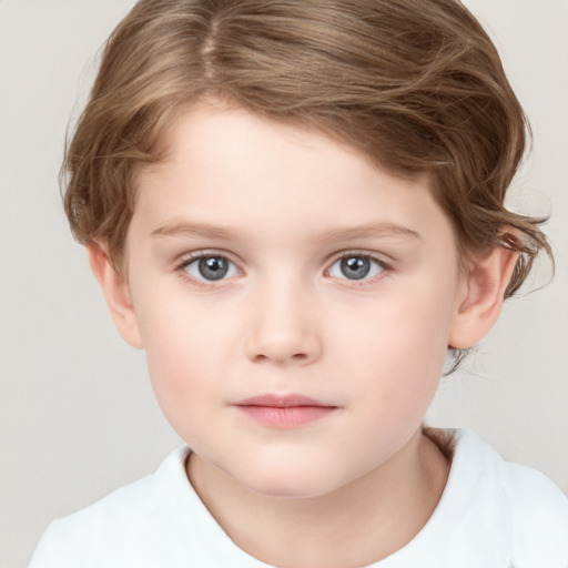 Neutral white child female with short  brown hair and grey eyes