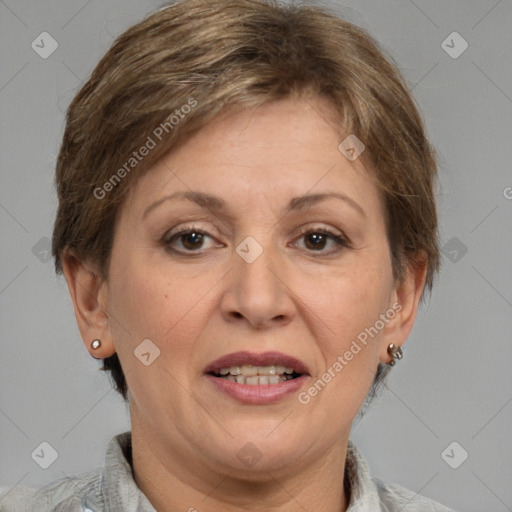 Joyful white adult female with short  brown hair and brown eyes