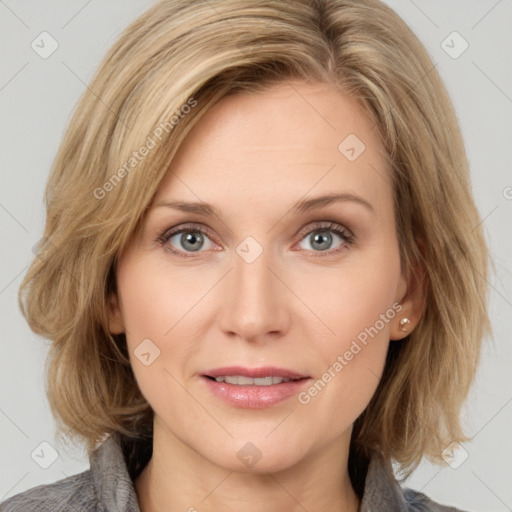 Joyful white young-adult female with medium  brown hair and blue eyes