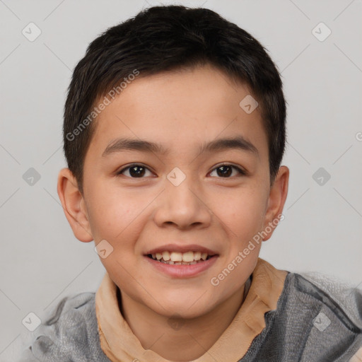 Joyful white child male with short  brown hair and brown eyes