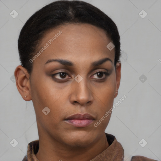 Neutral black young-adult female with short  brown hair and brown eyes