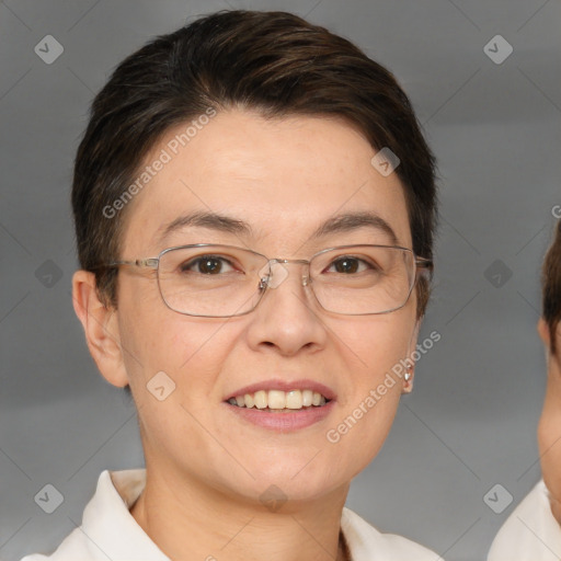 Joyful white adult female with short  brown hair and brown eyes