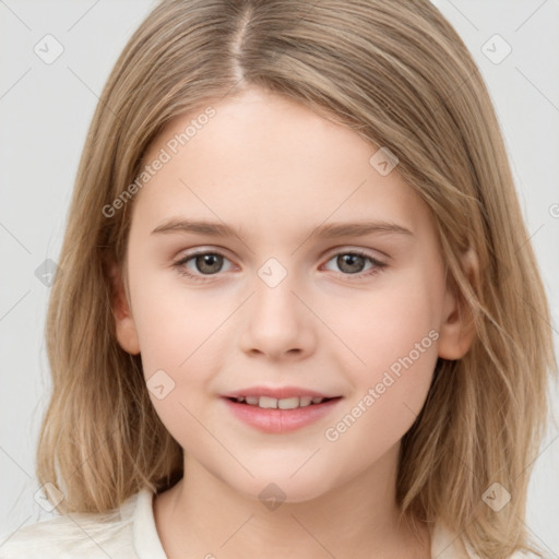 Joyful white child female with medium  brown hair and brown eyes