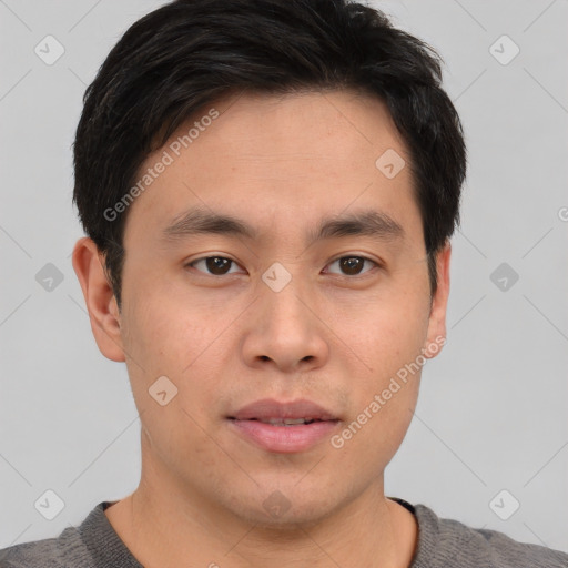 Neutral asian young-adult male with short  brown hair and brown eyes