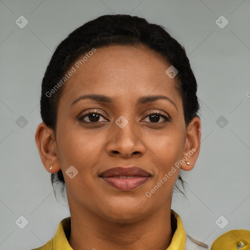 Joyful black young-adult female with short  brown hair and brown eyes