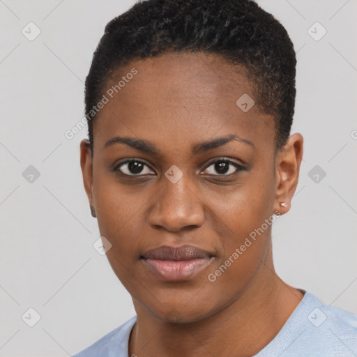 Joyful black young-adult female with short  black hair and brown eyes