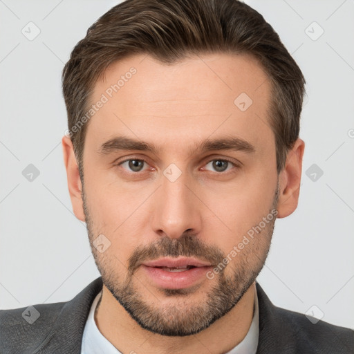 Neutral white young-adult male with short  brown hair and brown eyes