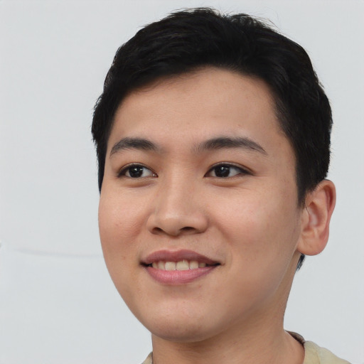 Joyful asian young-adult male with short  black hair and brown eyes