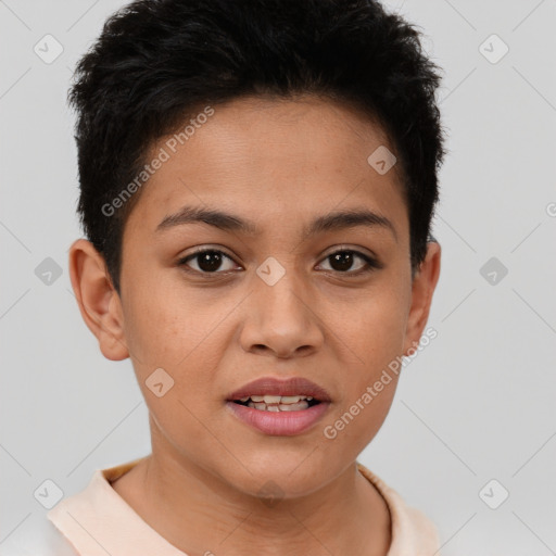 Joyful white young-adult female with short  brown hair and brown eyes