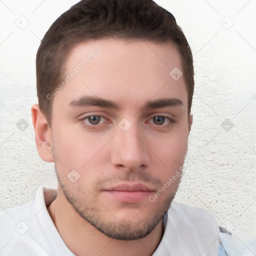 Neutral white young-adult male with short  brown hair and brown eyes