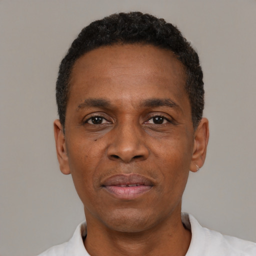 Neutral black adult male with short  black hair and brown eyes