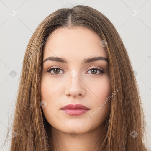 Neutral white young-adult female with long  brown hair and brown eyes