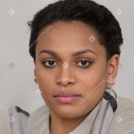 Neutral black young-adult female with short  brown hair and brown eyes