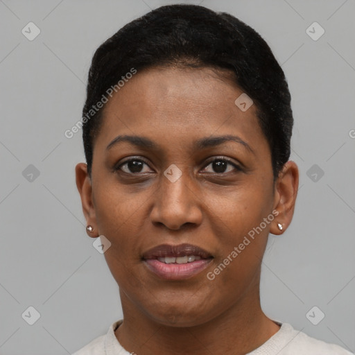 Joyful black young-adult female with short  black hair and brown eyes