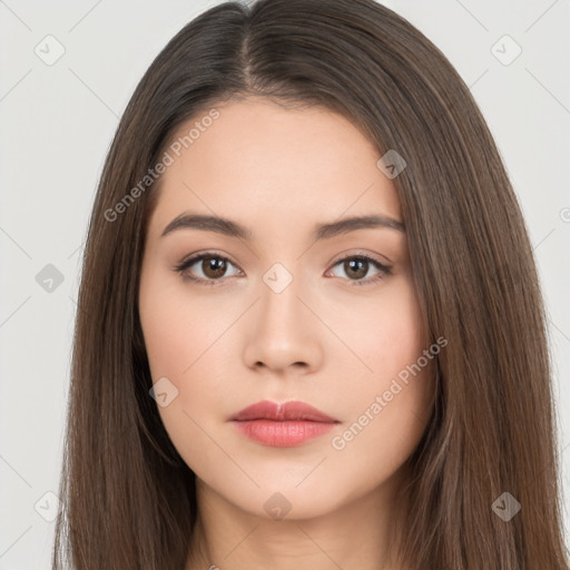 Neutral white young-adult female with long  brown hair and brown eyes