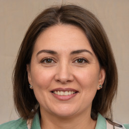 Joyful white adult female with medium  brown hair and brown eyes