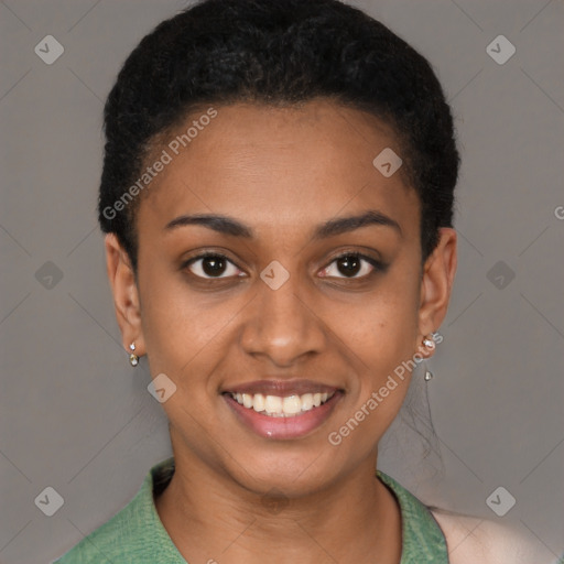 Joyful latino young-adult female with short  black hair and brown eyes