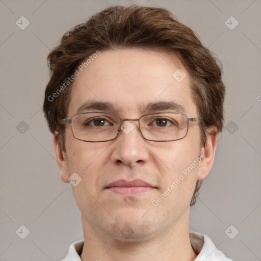 Joyful white adult male with short  brown hair and grey eyes