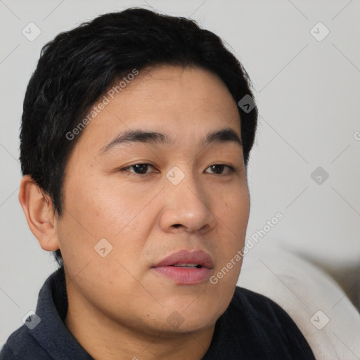 Neutral asian young-adult male with short  brown hair and brown eyes