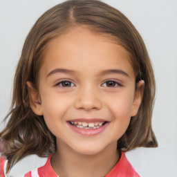 Joyful white child female with medium  brown hair and brown eyes