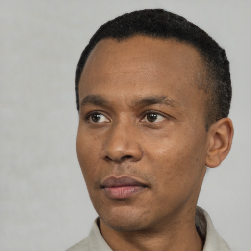 Neutral black adult male with short  black hair and brown eyes
