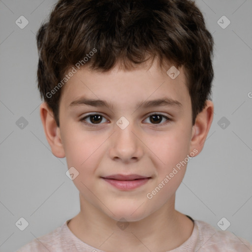 Joyful white child male with short  brown hair and brown eyes